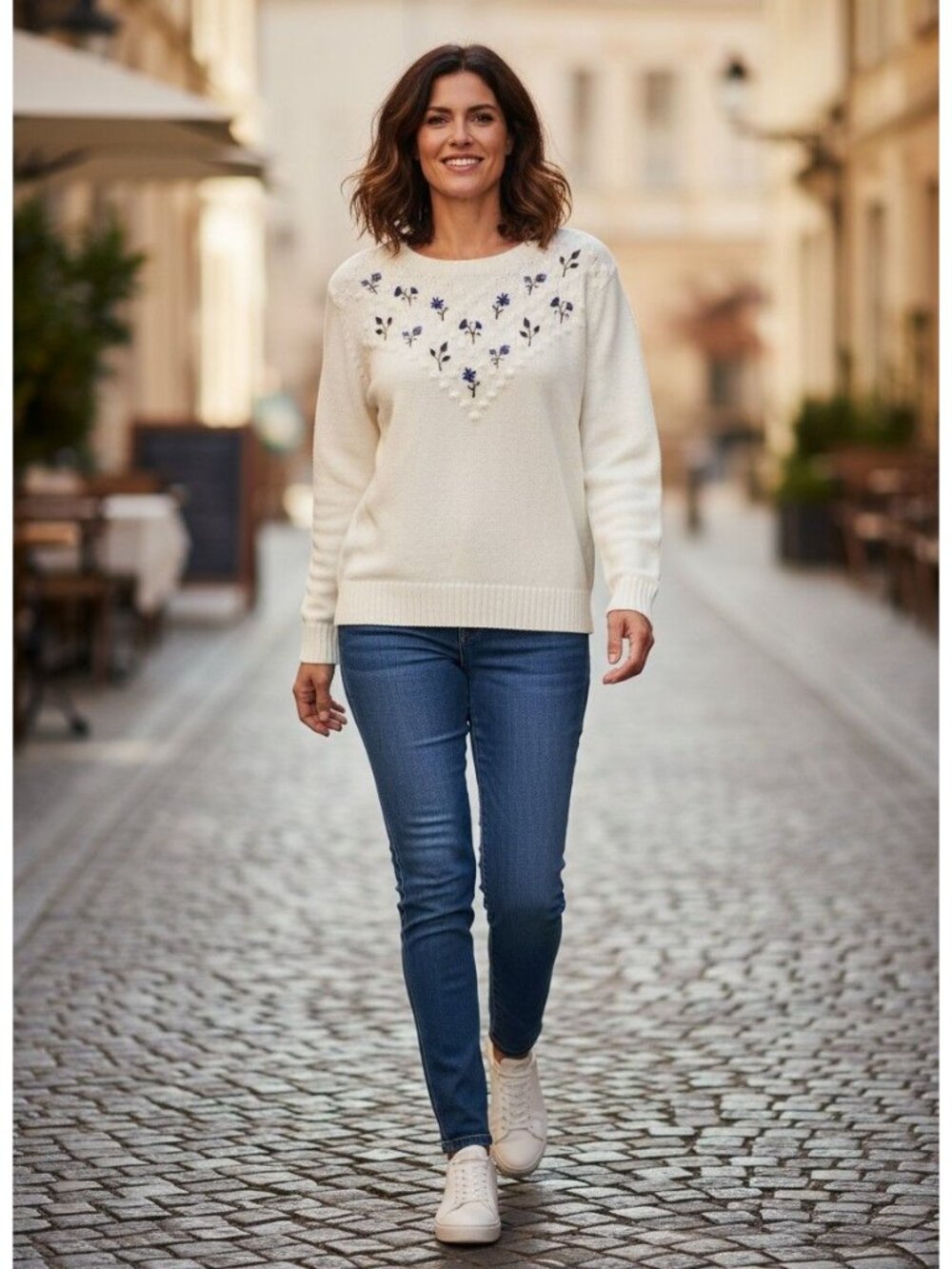 Coldwater Creek Womens Ivory Floral Embroidered Cotton Blend Sweater L Oversized